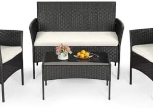 FDW 4-Piece Patio Furniture Set | Black | Outdoor Wicker Furniture