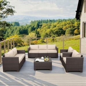 Rattaner 5-Piece Outdoor Furniture Set Patio Furniture Set Outdoor Couch Coffee Table with Storage Non-Slip Cushions and Waterproof Covers, Khaki