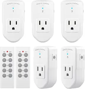 BN-LINK Wireless Remote Control Outlet Electrical Switch for Lights, Fans, Christmas Lights, Small Appliance, 100ft Long Range White (Learning Code, 5Rx-2Tx) 1200W/10A, ETL & FCC Certified