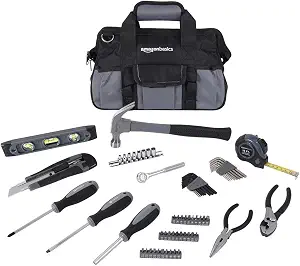 Sample Basics 65 Piece Home Repair Tool Kit Set With Carrying Bag, Hand Tools, Socket Set, SAE and Metric, Silver, Black