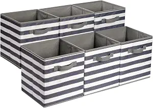 Sample Basics Collapsible Fabric Storage Bins with Handles, Cube Organizer for Home Organization, 10.5"x10.5"x11", White/Light Grey Stripe, 6-Pack