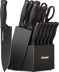 Astercook Knife Set for Kitchen with Block and Sharpener 15pcs German