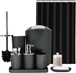 Black Bathroom Accessories Set, 10Pcs Bathroom Accessory Sets Complete with Trash Can, Shower Curtain, Vanity Tray, Soap Dispenser, Soap Dish, Toothbrush Holder&Cup, Toilet Brush&Holder, Qtip Holder
