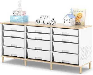 TOOLF 12 Drawers Storage Cabinet with Wooden Top and Plastic Bins, White