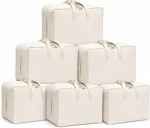 DoYiKe Soft Large Canvas Comforter Storage Bags with Four Carrying Handles and Clear Window, Closet Organizer for Clothing, Blankets Sheets Pillows and Bedding, 80L, 6 Pack, Beige