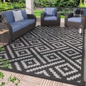 GENIMO Outdoor Rug, Waterproof Plastic Rugs for Patio, 5'x8' Black Grey