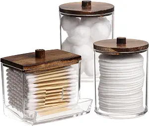 Tbestmax 3 Pack Qtips Holder Bathroom Container, 10 oz Cotton Ball/Swabs Dispenser, Apothecary Jar Organizer for Storage Brown Wood Lids