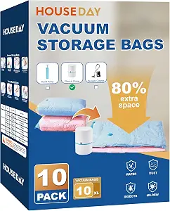 HOUSE DAY 10 Jumbo Vacuum Seal Bags For Clothing Travel, 80% Space Saving Travel Vacuum Bags with Electric Pump, Vacuum Storage Bags For Clothes, Comforters, Blankets, Moving, Reusable & Durable