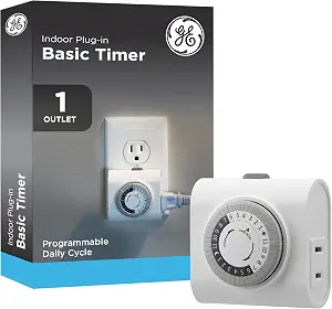 GE 24‑Hour Mechanical Outlet Timer Switch, Single Polarized Plug‑in Control for Indoor Lighting, Lamps, Christmas Trees and Seasonal Decor (1 Pack), 15119