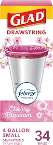 Glad Small Trash Bags 4 Gallon, Febreze Cherry Blossom Garbage Bags, Odor Resistant with Drawstring, 34 Count