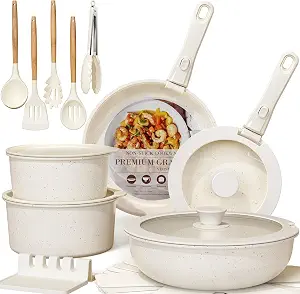 Astercook 21 Pcs Pots and Pans Set Non Stick, Ceramic Cookware Set Detachable Handle, RV Kitchen Cooking Set Removable Handles, Oven Safe, Induction Ready, Stackable, Cream, Fathers Day Gift for Men
