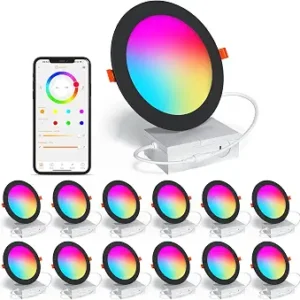 Black Smart Recessed Lighting 6 Inch RGBCW 16W LED Downlight 1350 LM 12Pack