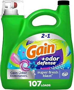 Gain + Odor Defense Liquid Laundry Detergent, Super Fresh Blast Scent, 107 Loads, HE Compatible Washing Soap (Packaging May Vary)