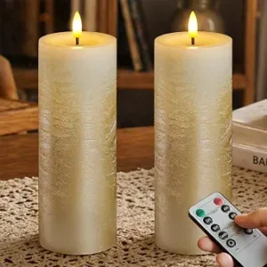 Flameless LED Candles Gold Ombre Real Wax with Remote and Timer, Flickering Fake Warm Light 3D Wick Battery Operated Electric for Home Decoration Parties and Wedding (3” x 8” Set of 2)