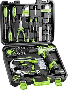 PULITUO Drill Set, 149-Piece Home Tool Set with Green 12V Cordless Drill, Tool Box, Hand Tool Kits for Women & Men and DIY Enthusiasts, for Home Improvement