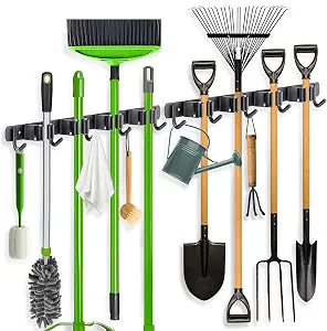 ZONGOOL 2 Pack Mop Broom Holder Wall Mount 4 Racks 5 Hooks Storage Black