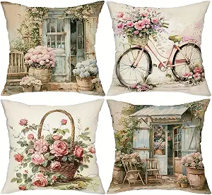 4 Pack 18x18 Colorful Floral Linen Sofa Outdoor Living Room Pillow Cover