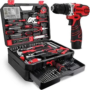 KingTool 276-Piece Tool Set Kit with 12V Cordless Power Drill (Red Black)