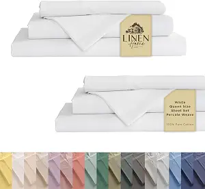 Linen Home 100% Cotton Percale Queen Sheet Set, 2-Pack, White, 8-Piece
