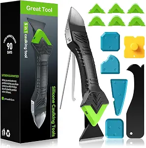 Goopreen 5 in 1 Caulking Tool Silicone Caulking Grout Removal Sealant Finishing Tool with Stainless Steel Head, 6 Replaceable Pads, Gap Seam Repair Kit for Kitchen Bathroom Sink Toilet Caulking