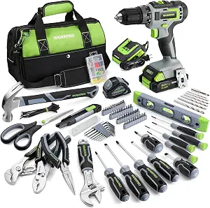 WORKPRO Home Tool Set with 20V Cordless Drill, Household Repairing Tool Kit