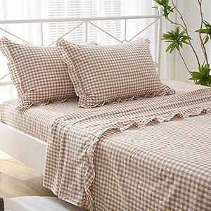 Taupe White Gingham Ruffle Sheets Queen Size 4-Piece Set