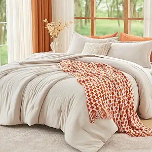 MUXHOMO Beige Oversized King Comforter Sets, All Season Ultra Soft Down Alternative Bedding - 3 Piece Lightweight Bed Set Includes 1 Comforter (120"x98") and 2 Pillow Shams (20"x36")