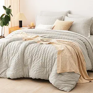 CozyLux Oversized King Comforter Set 120x98 in, 7-Piece Beige Seersucker