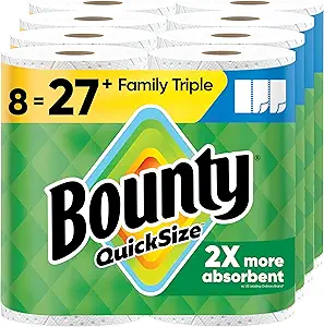 Bounty Quick-Size Paper Towels, White, 8 Family Triple Rolls = 27 Regular Rolls