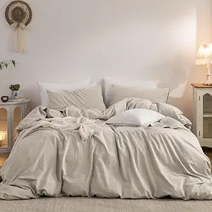 Duvet Cover Set 100% Washed Cotton Linen Feel Queen
