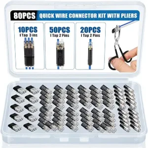 80Pcs Double Wire Connector Kit with Pliers 18-22AWG,1Pin 2Pin 3Pin Low Voltage Wire Plug in Connector,Quick Disconnect Strip Connectors for Automotive,LED Light,DIY